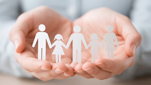 Caring hands gently hold a paper cut out family, symbolizing protection and unity