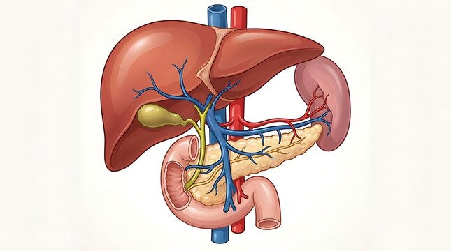 Anatomical diagram of human liver gallbladder and pancreas organs with pancreas