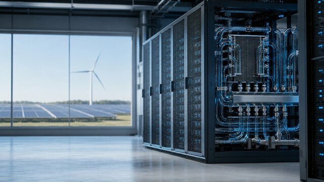 Modern green data center powered by renewable solar panels and wind turbine energy