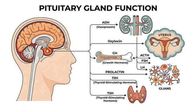 Pituitary gland function and hormonal secretion targeted organs chart