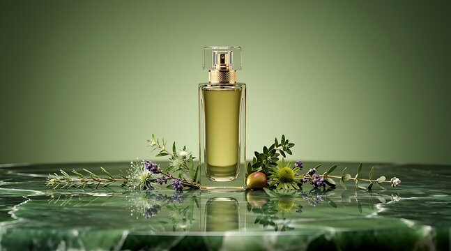 Luxury cosmetic serum bottle with natural ingredients on a marble surface.