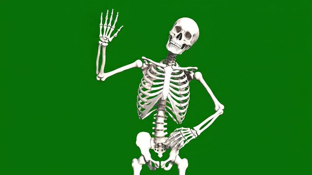 Animated skeletal dancer waving with green screen background. Spooky happy human bones gesture for Halloween projects and spooky holiday designs