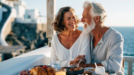 Obraz premium Happy senior couple enjoying a romantic breakfast with stunning ocean view at a sunny Mediterranean resort