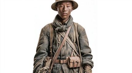 Obraz premium Young Asian soldier in historic military uniform with hat and scarf, portrait studio shot