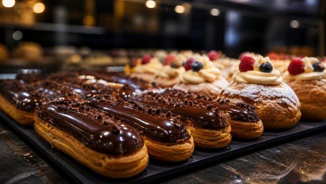 Chocolate Eclairs And Cream Puffs In Elegant Cafe Pastry Case