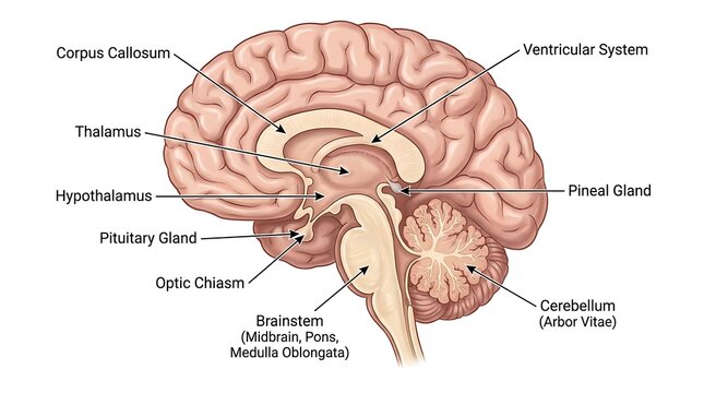 Sagittal cross section view of human brain anatomy with neuroscience, sagittal