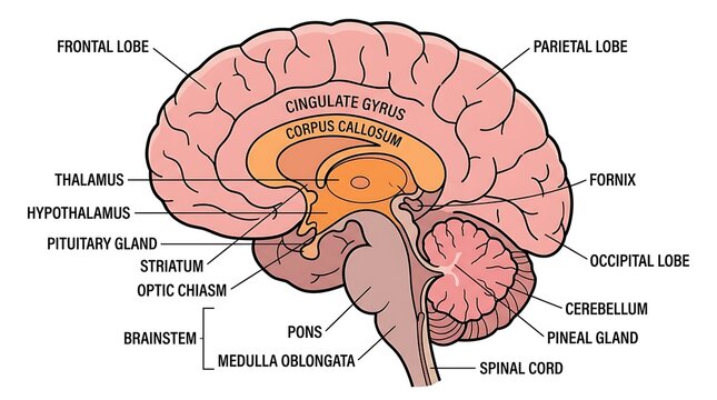Anatomical chart of human brain structures and regions with neuroscience