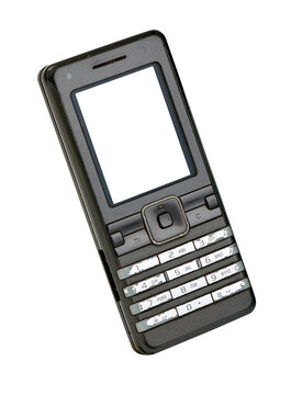 Classic mobile phone from the early 2000s with white screen isolated on white background.