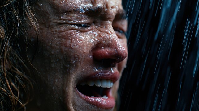 Close up of a distressed woman crying intensely in heavy rain, conveying strong emotions of sadness and despair