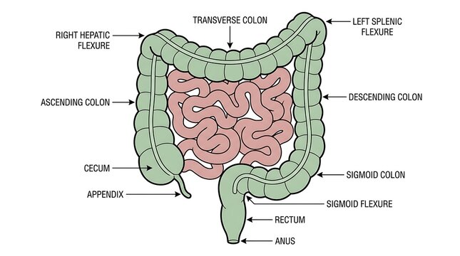 Detailed human large intestine anatomy diagram with labeled segments, intestine
