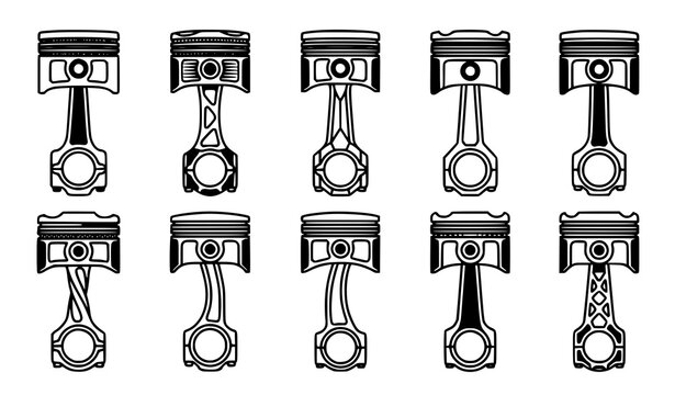 Black and white engine piston vector set isolated on white background featuring automotive mechanical components for industrial engineering and repair concepts