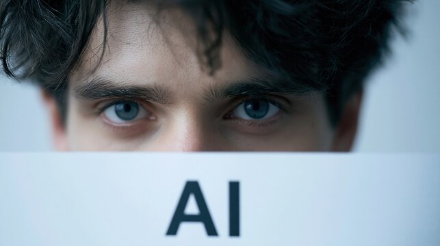 Close-up of a young man's intense blue eyes peering over a sign with 'AI' for artificial intelligence concept