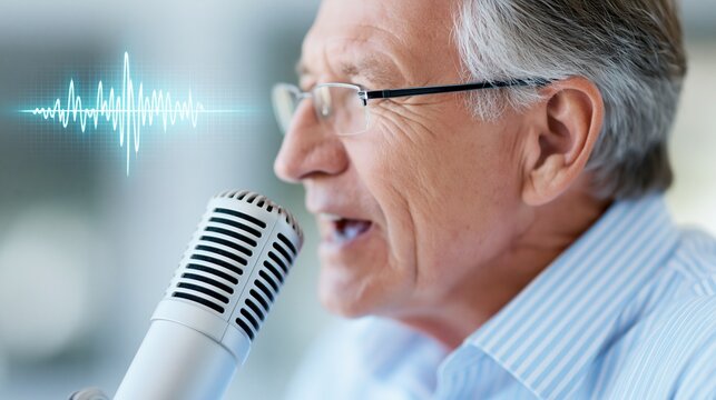 Senior man speaking into a microphone, visualizing audio waveform, representing voice recording and communication