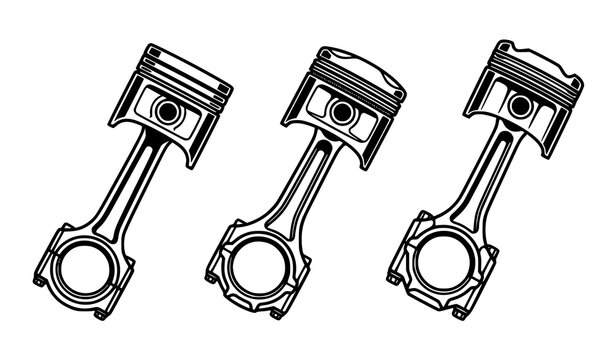 Minimalist black and white engine piston vector illustration with multiple mechanical piston components isolated on white background for automotive and industrial graphics