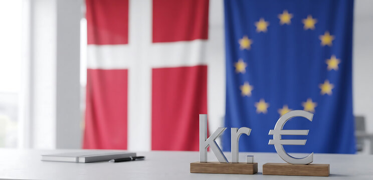 european union flag and euro currency, the danish krone and Denmark Flag 