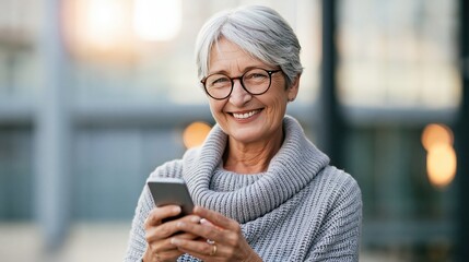 Fototapeta premium Smiling senior woman with gray hair and glasses holding a smartphone outdoors, looking at camera
