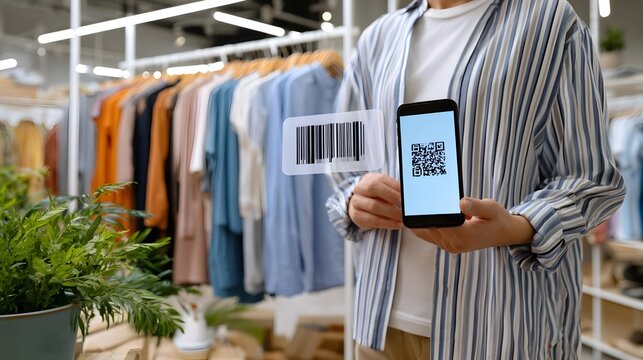 Person holding smartphone scanning barcode and QR code in a clothing store with racks of colorful garments