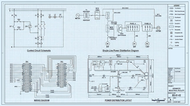 Technical Engineering Blueprint of Electrical Circuit Schematics and Floor Layout.