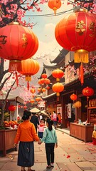 Naklejka premium Family walking through a traditional street decorated with Chinese lanterns during the Lunar New Year festival.