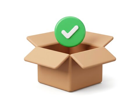 3D cardboard box with a green checkmark icon symbol for delivery success or completed task, delivery