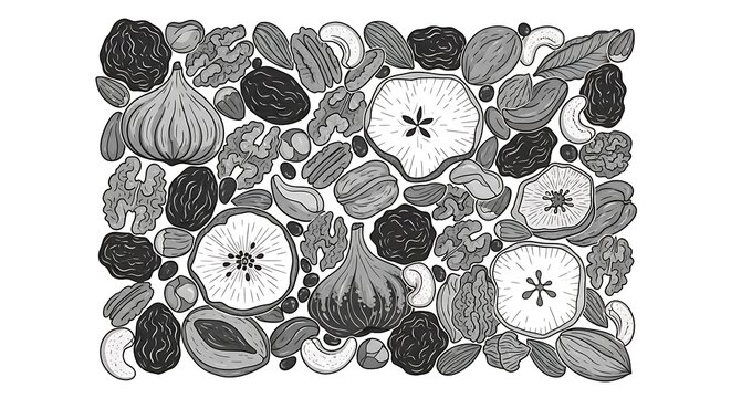 Detailed black and white pattern of dried fruits and nuts