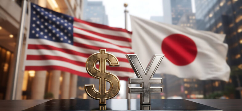 yen and dollar currency usa and japan flags background.