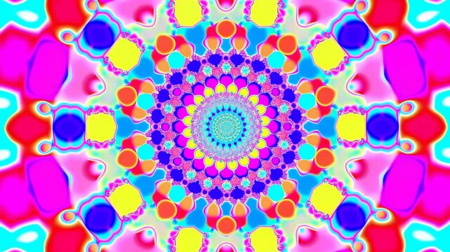 Centered neon mandala with concentric rings, kaleidoscopic symmetry, tessellated petal cells, circular nodes, lace textures, radiant gradients, vivid color harmony, decorative abstract detail