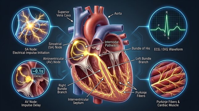 Human heart anatomy and electrical conduction system infographic with conduction