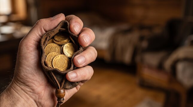 hand holding leather pouch full of gold coins inside rustic room photo