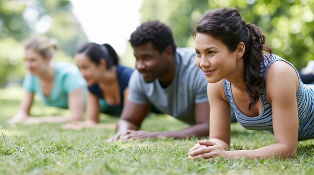 Diverse group of friends performing a plank exercise outdoors in a park on a sunny day
