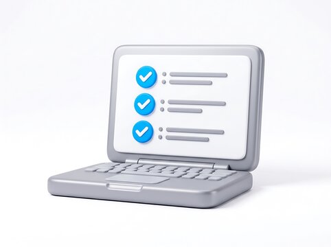 Grey laptop computer screen displaying a task list with blue checkmark icons checklist computer