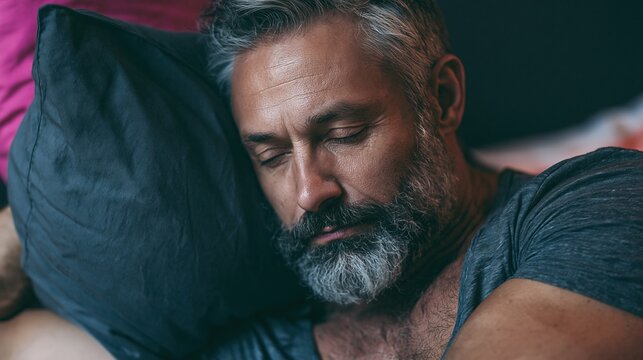 Mature Man with Beard Sleeping Peacefully in Bed, Resting Comfortably in Dark Bedroom