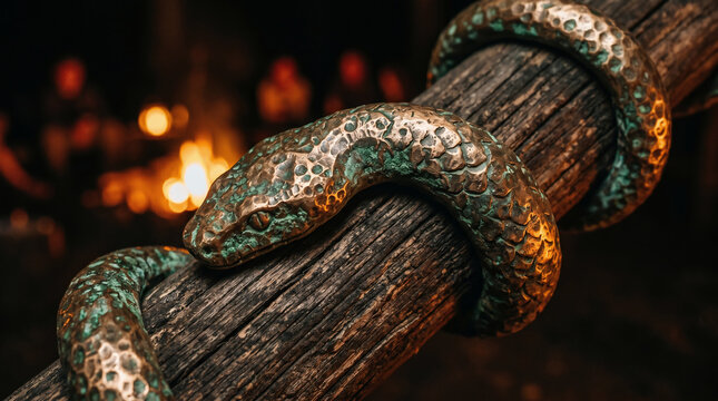 The Bronze Serpent on a wooden pole. Israelites looking up at the glowing bronze figure to be healed from venomous snake bites
