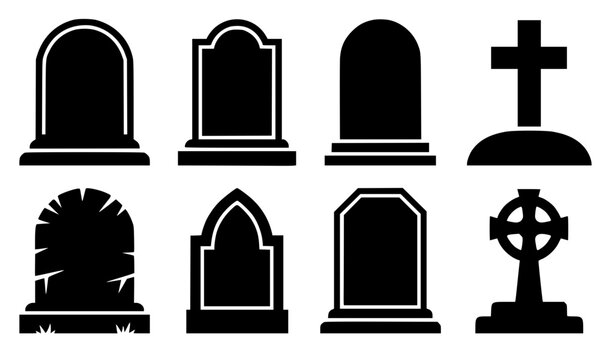 Grave tombstone and headstone icon set featuring various graveyard markers, Christian cross monument, Celtic cross gravestone, and Halloween cemetery silhouette vector illustration.