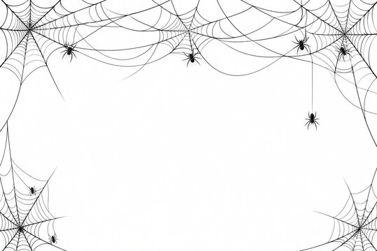 banner de Halloween con telara&ntilde;as y ara&ntilde;as sobre fondo blanco