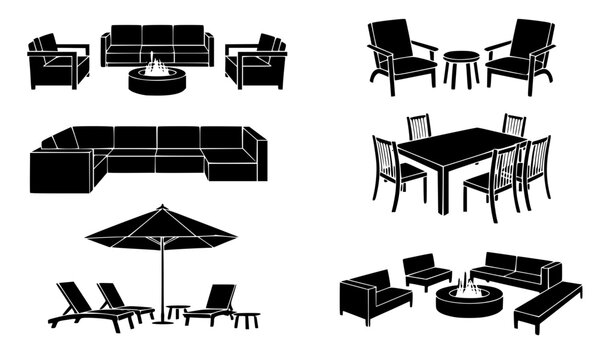 Outdoor patio furniture vector set featuring sectional sofa, fire pit seating area, sun loungers with umbrella, and outdoor dining table set silhouette illustration.