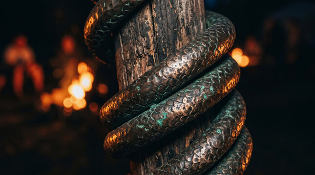 The Bronze Serpent on a wooden pole. Israelites looking up at the glowing bronze figure to be healed from venomous snake bites