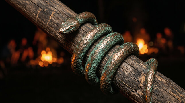 The Bronze Serpent on a wooden pole. Israelites looking up at the glowing bronze figure to be healed from venomous snake bites