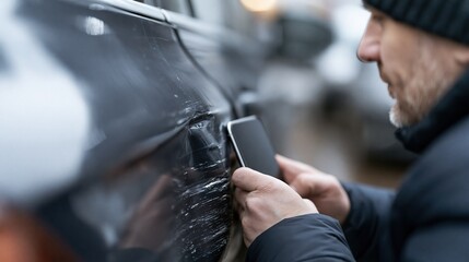 Obraz premium Man Inspecting Damaged Car Door with Scratches and Dent, Assessing Vehicle Repair Needs