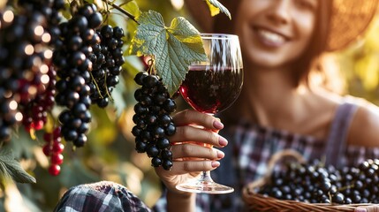 Obraz premium Woman Holding Glass of Red Wine Amidst Ripe Grapes in Vineyard Harvest Season