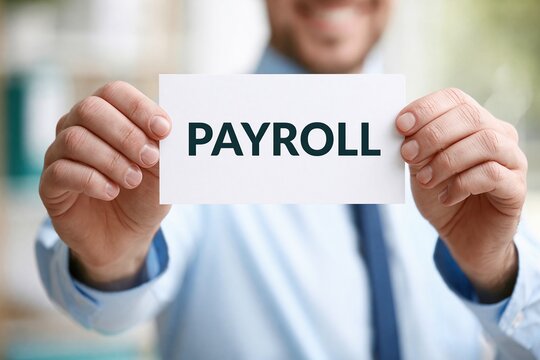 Smiling Businessman Holding White Card with the Word 'Payroll' Displayed for Financial Services