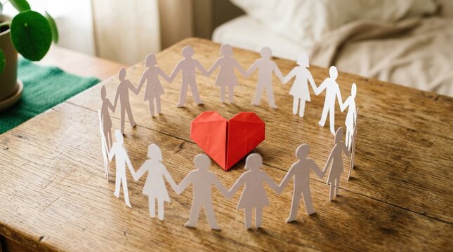 Paper chain figures holding red heart together symbolizing unity compassion love community teamwork inclusion friendship kindness support social connection and humanitarian values globally