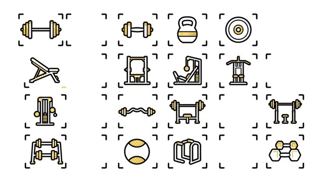 Minimal fitness equipment line icon grid featuring dumbbells, kettlebells, target goals, jump rope, workout mat, scale, pull-up bar, treadmill, medicine ball, smartwatch, and gym training symbols.