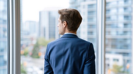 Fototapeta premium Professional man in blue suit looking out large office window at cityscape, contemplating future success