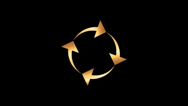 Golden rotating circular arrows motion loop animation on black background