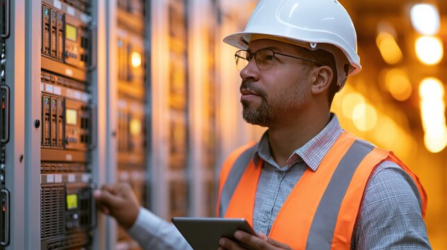 Skilled technician in hard hat and safety vest inspecting server racks in a data center with a tablet