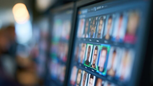 Digital facial recognition software displaying multiple user profiles and security screening on computer monitors
