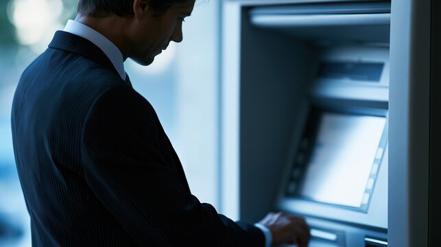 Businessman in Suit Using ATM Machine for Financial Transactions Outdoors