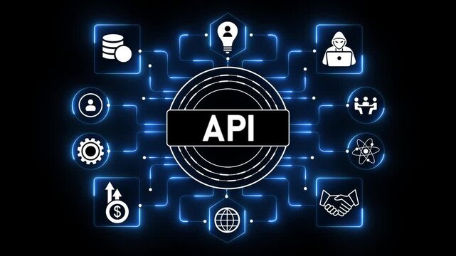 API Technology Dashboard Featuring Intelligent Digital Integration and Connected Enterprise Systems on Dark Blue Background.4K Animation video.