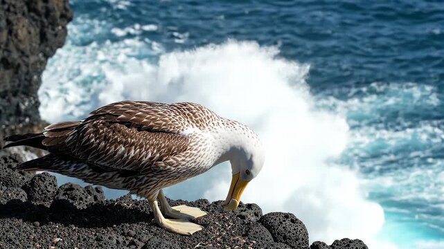 Juvenile Seagull Standing on Dark Volcanic Coastal Rocks with Crashing Ocean Waves